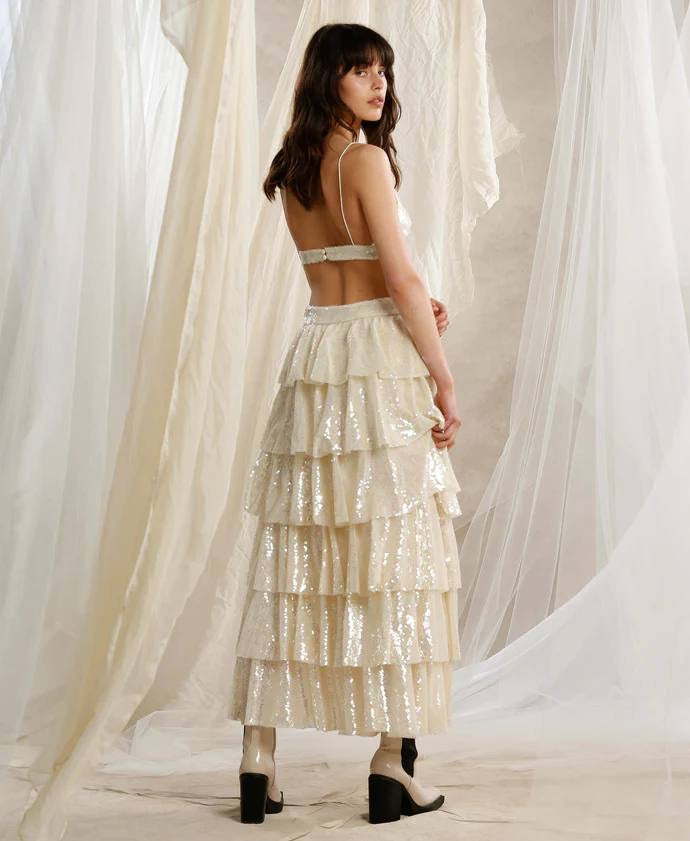 IX Shimmer Outlaw | Bralette crop top | Tiered Maxi Skirt Set