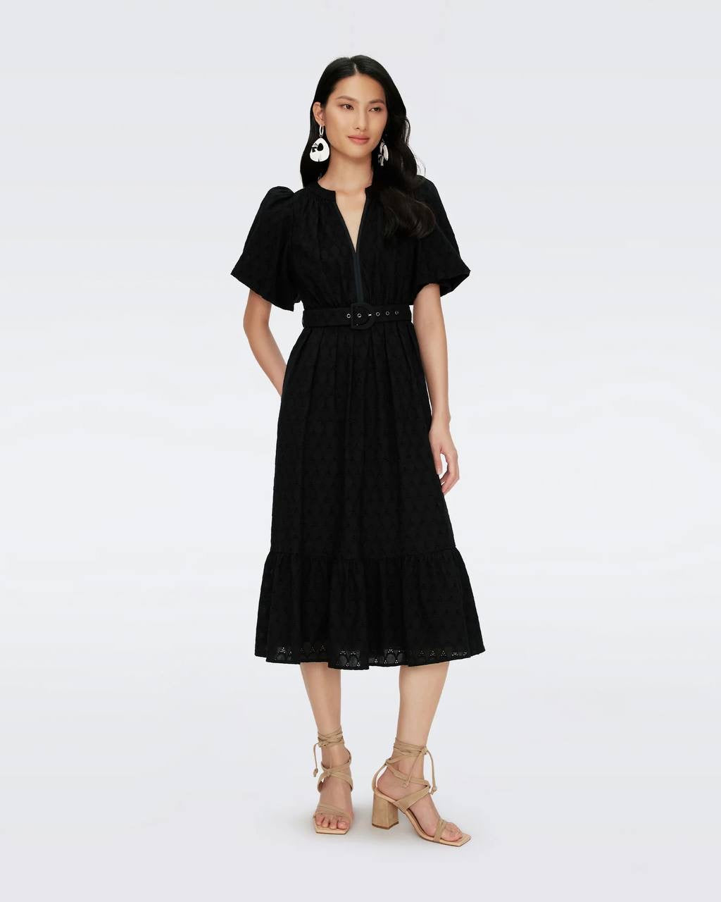 DVF Polina Cotton Midi Dress in Black