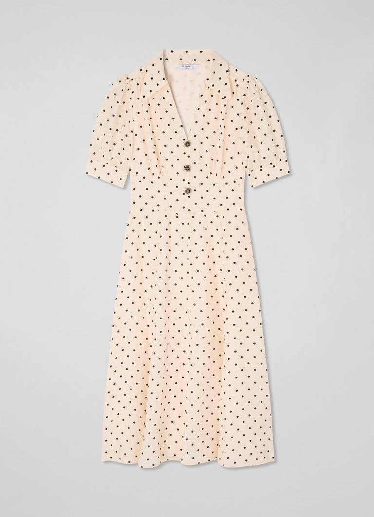 LKB Sophie Cream Viscose-Blend 30'S Polka Dot Midi Dress