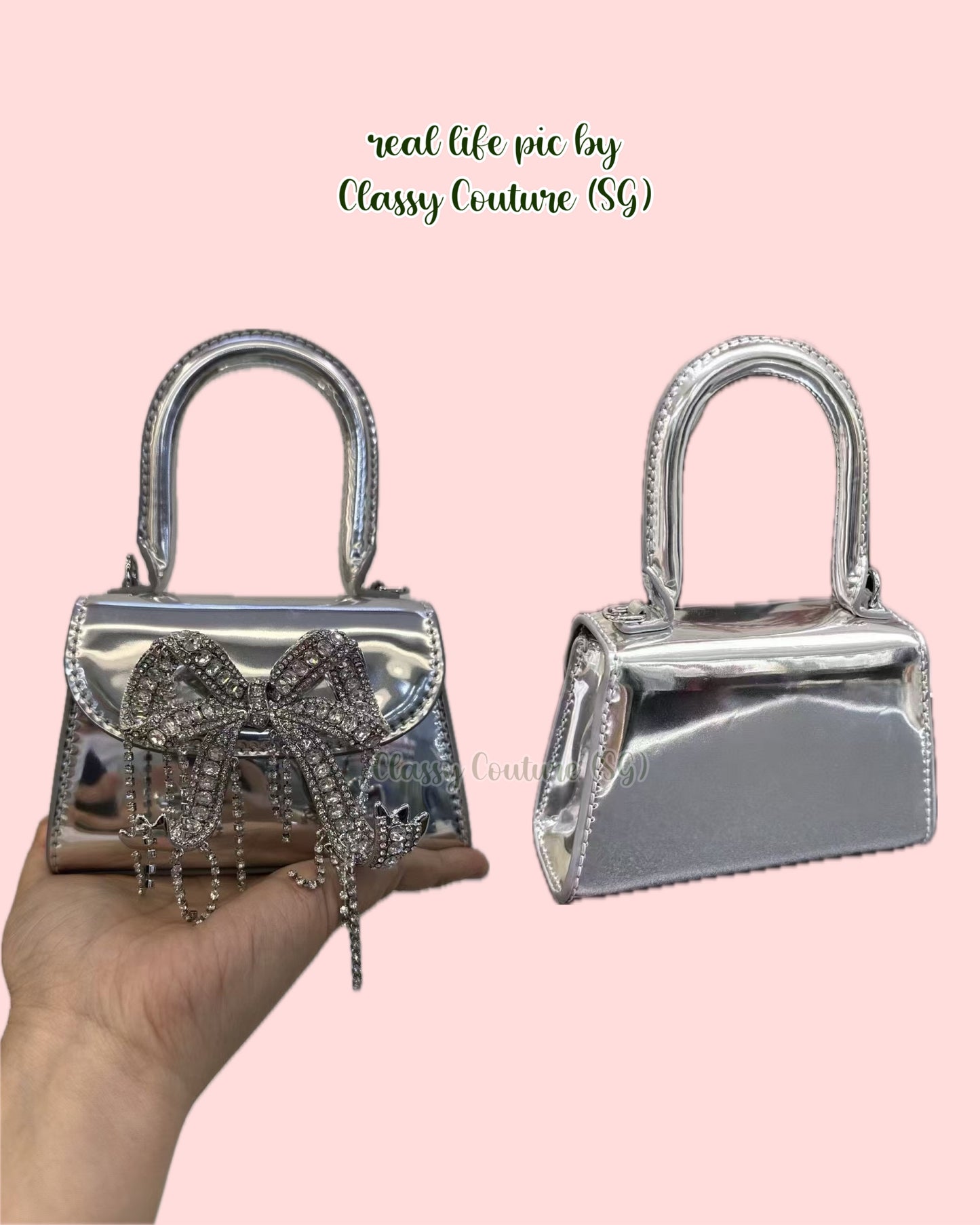 SP Bow Micro Metallic Leather Top Handle Bag with Detachable Strap