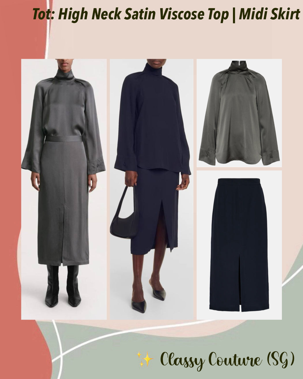 Tot High Neck Satin Viscose Top | Midi Skirt | Set