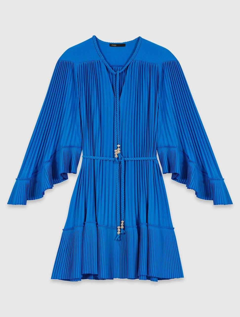 MJ Pleated Braided Drawstring Bell-sleeve Mini Dress