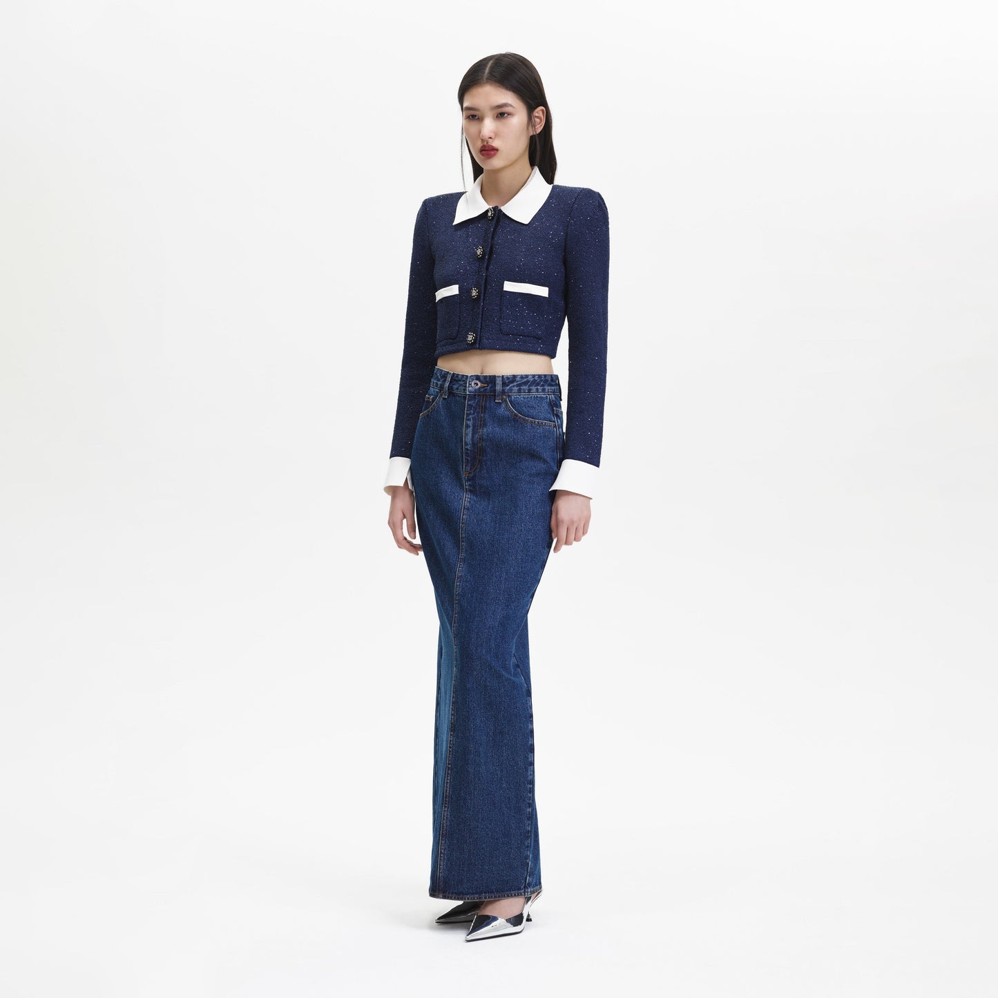 SP Navy Contrast Collar Cardigan | Mini Skirt | Set