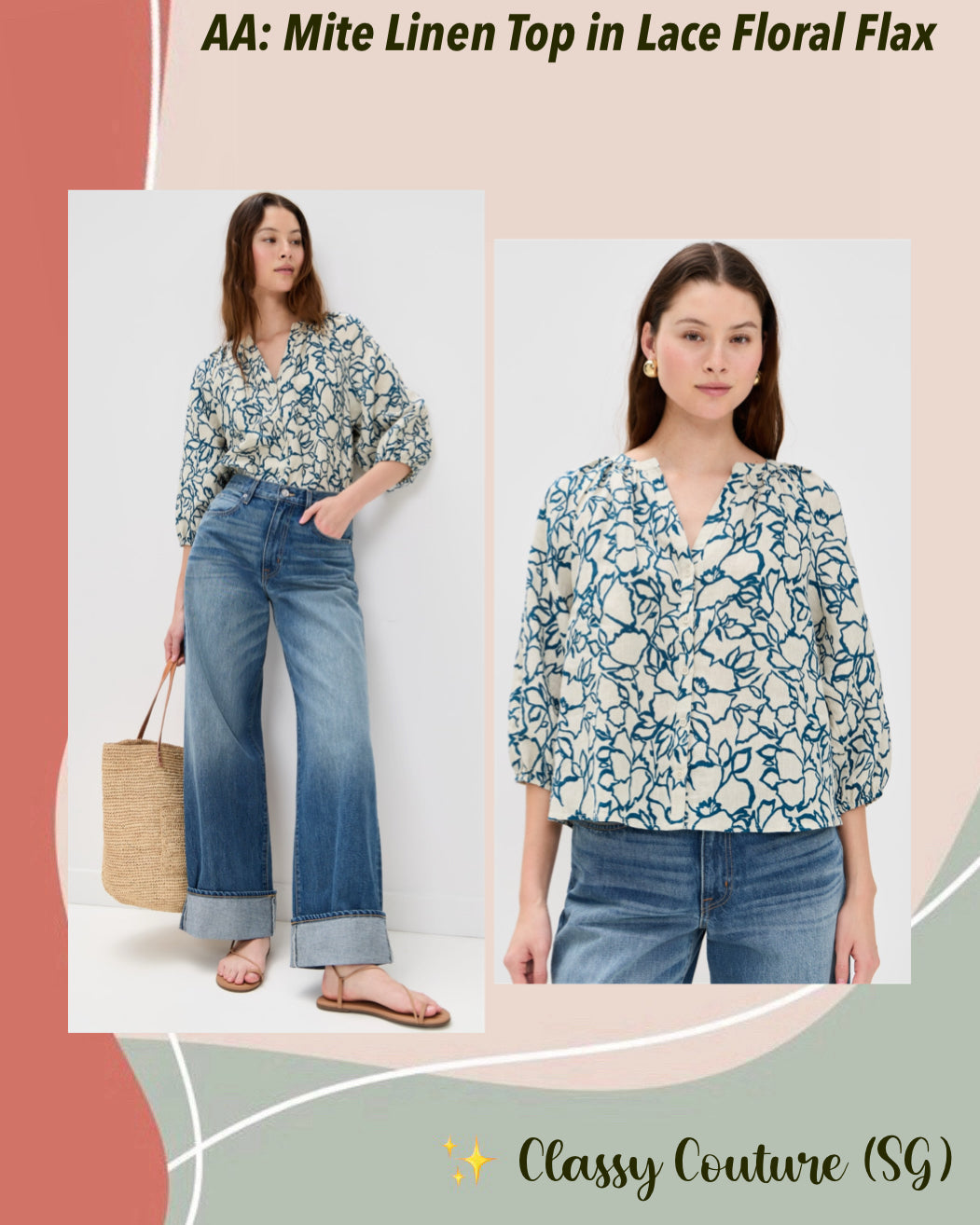 AA Mite 3/4 Sleeve Linen Blouse Top in Lace Floral Flax