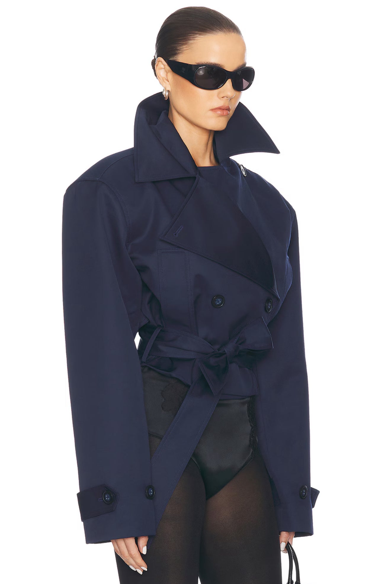 HS Oversized Cropped Cotton Blend Trench Jacket Coat in Black
