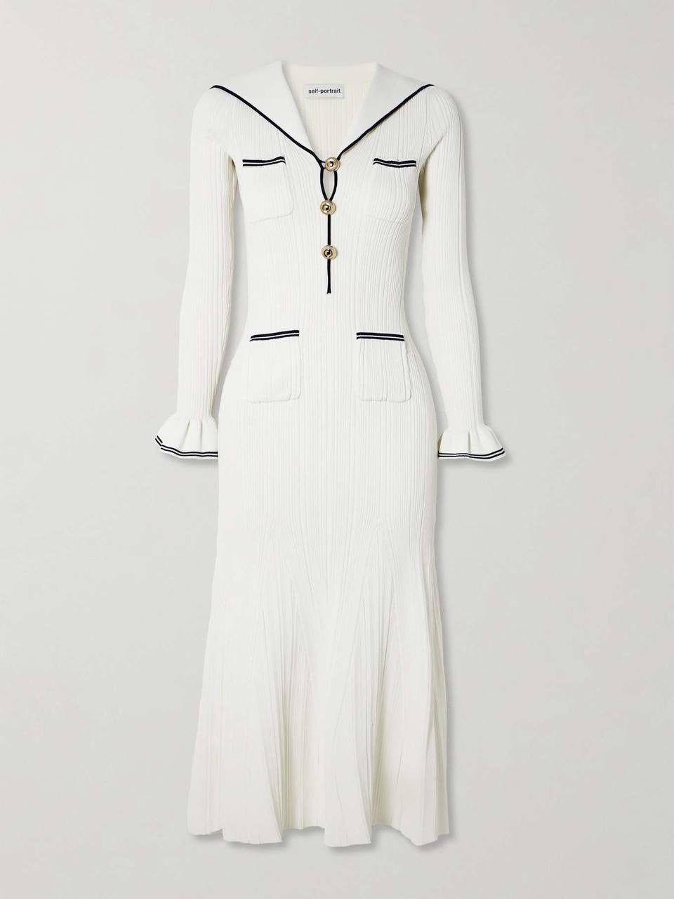 SP White Viscose Rib Knit Collar Long Sleeve Midi Dress
