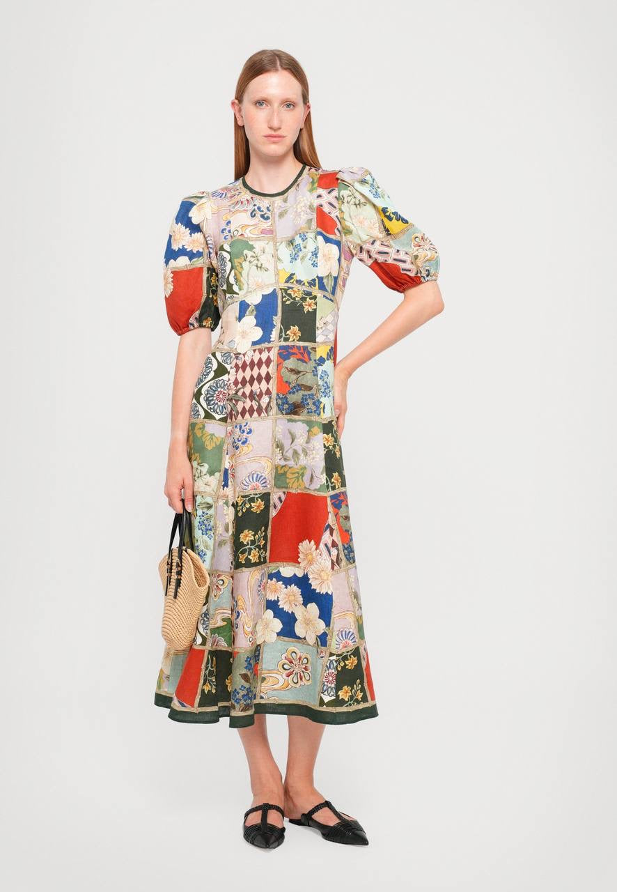 ALM Bianca Puff Sleeve Linen Midi Dress