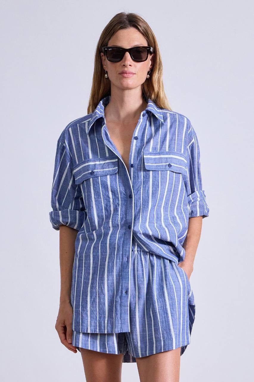 AA Flowe Pocket Button Up Shirt | Trail Shorts | De Vera Wrap Skirt | Striped Cotton Chambray Blue Set