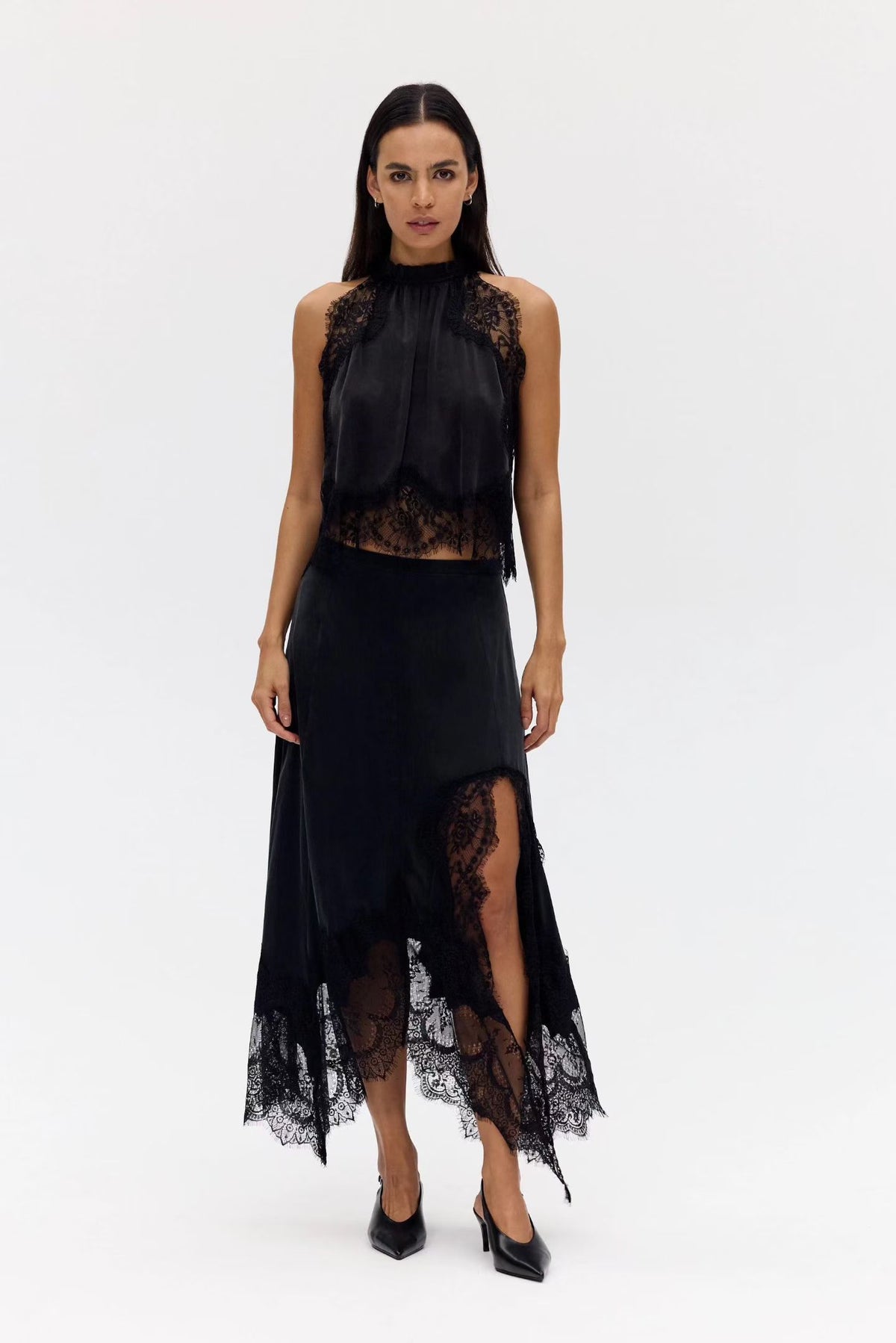 TF Visions Lace Crop Top | Handkerchief Midi Skirt | Cupro-rayon Satin Set