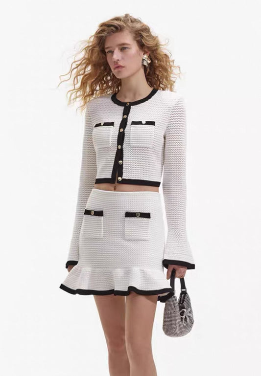 SP White Crochet Contrast Cardigan | Mini Skirt | Set