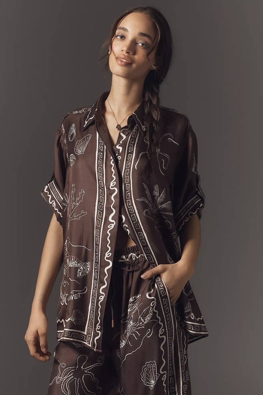 ALM Sammy Short-Sleeve Silk Satin Blouse | Pant | Set