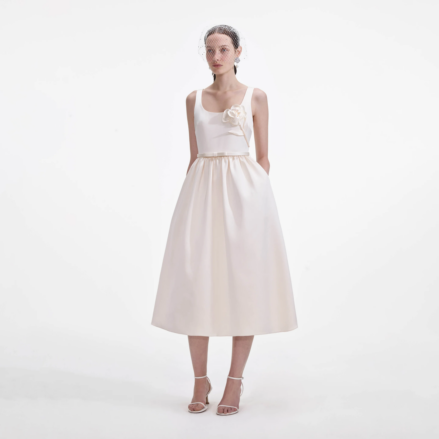 SP Cream 3D Flower Satin Midi Dress