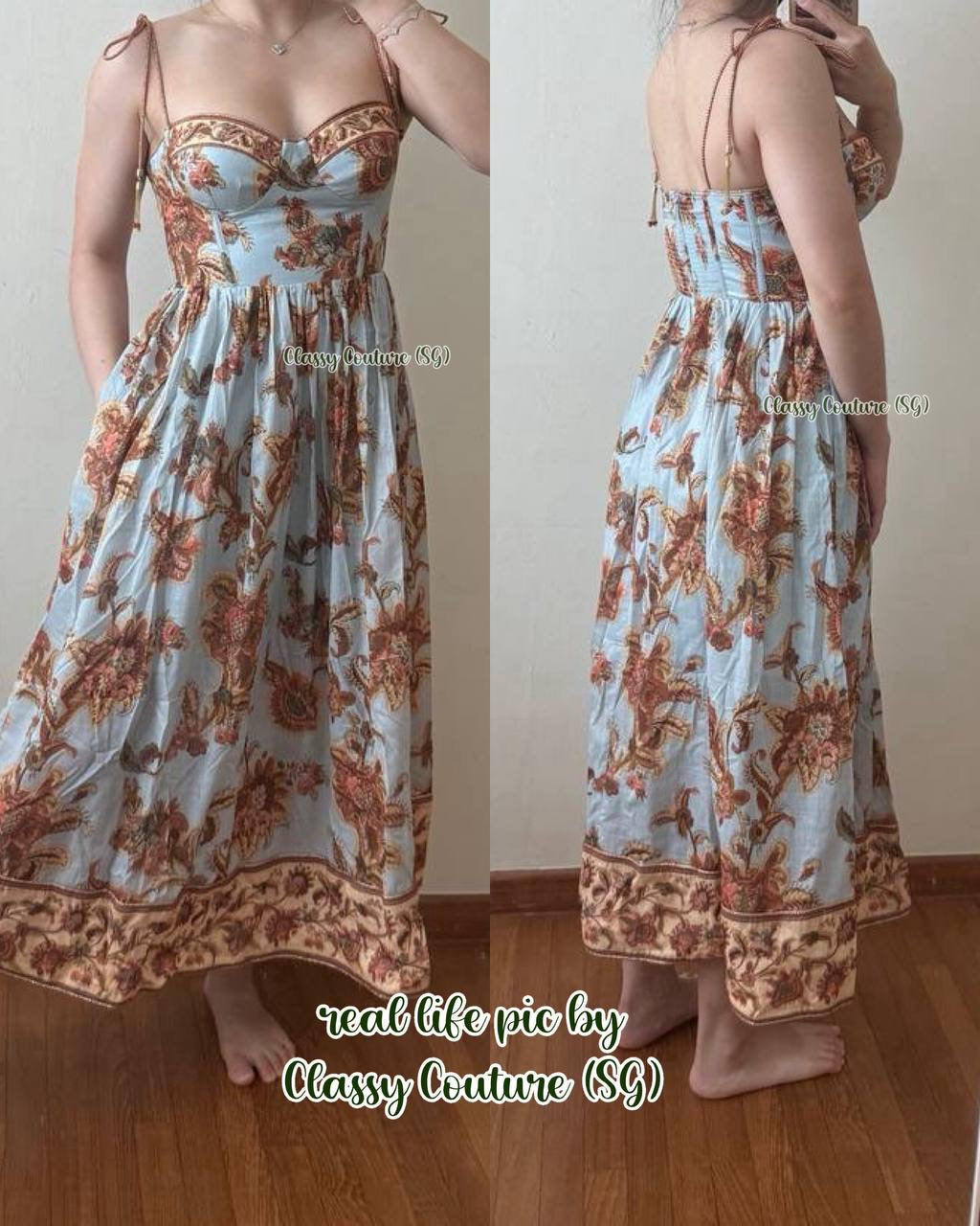 051ZM Blue Jacobean Bustier Cotton Midi Dress