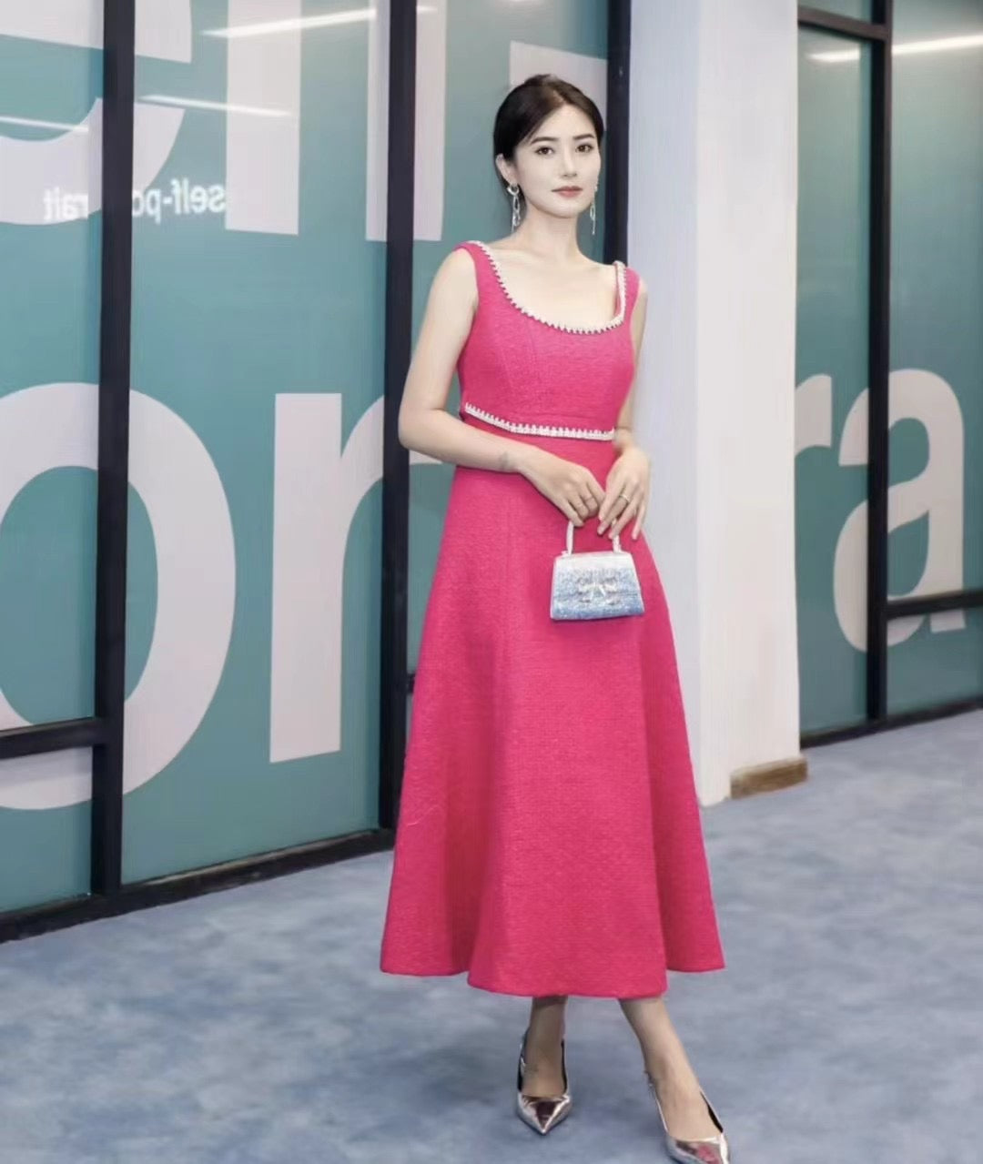 SP Fuchsia Boucle Midi Dress | Crystal Embellished Pink Tweed