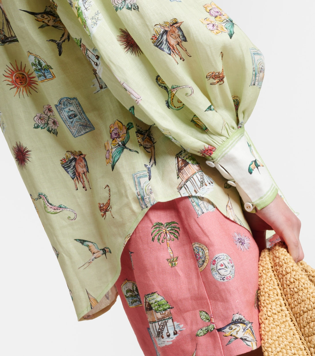 ALM Printed Linen Sea Life Shirt | Shorts | Green & Coral Pink Set