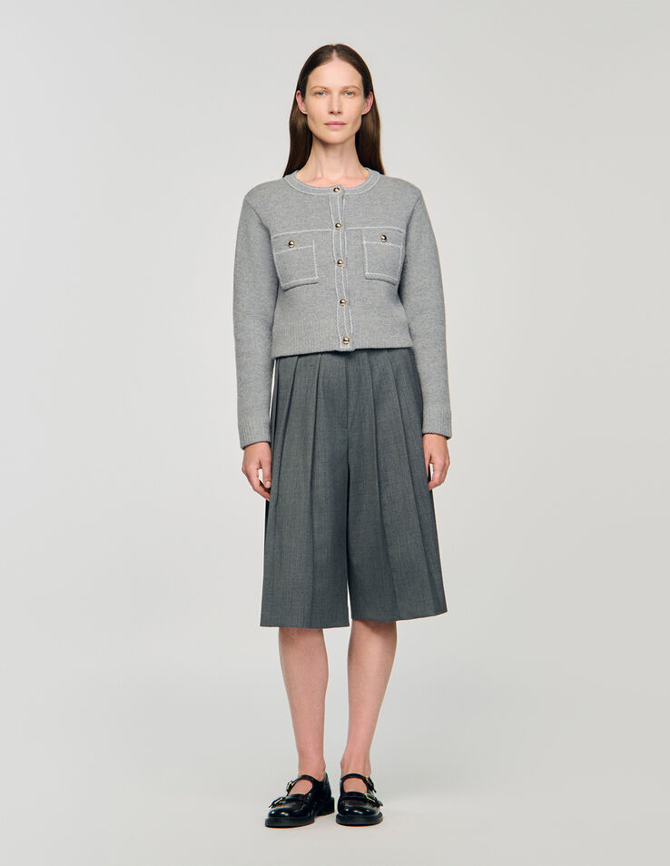 SD Grey Wool-Blend Cardigan With Contrast Stitching