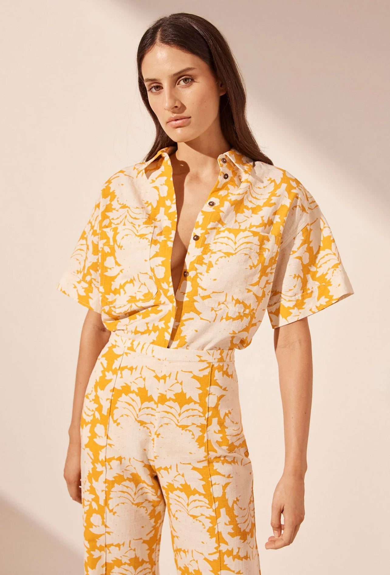 SJ Dulce Short Sleeve Relaxed Shirt | Pintuck Flared Pant | Cotton-Linen Set