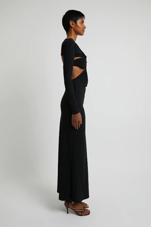 CE Odessa Ruched Prong Long Sleeve Cutout Jersey Maxi Dress