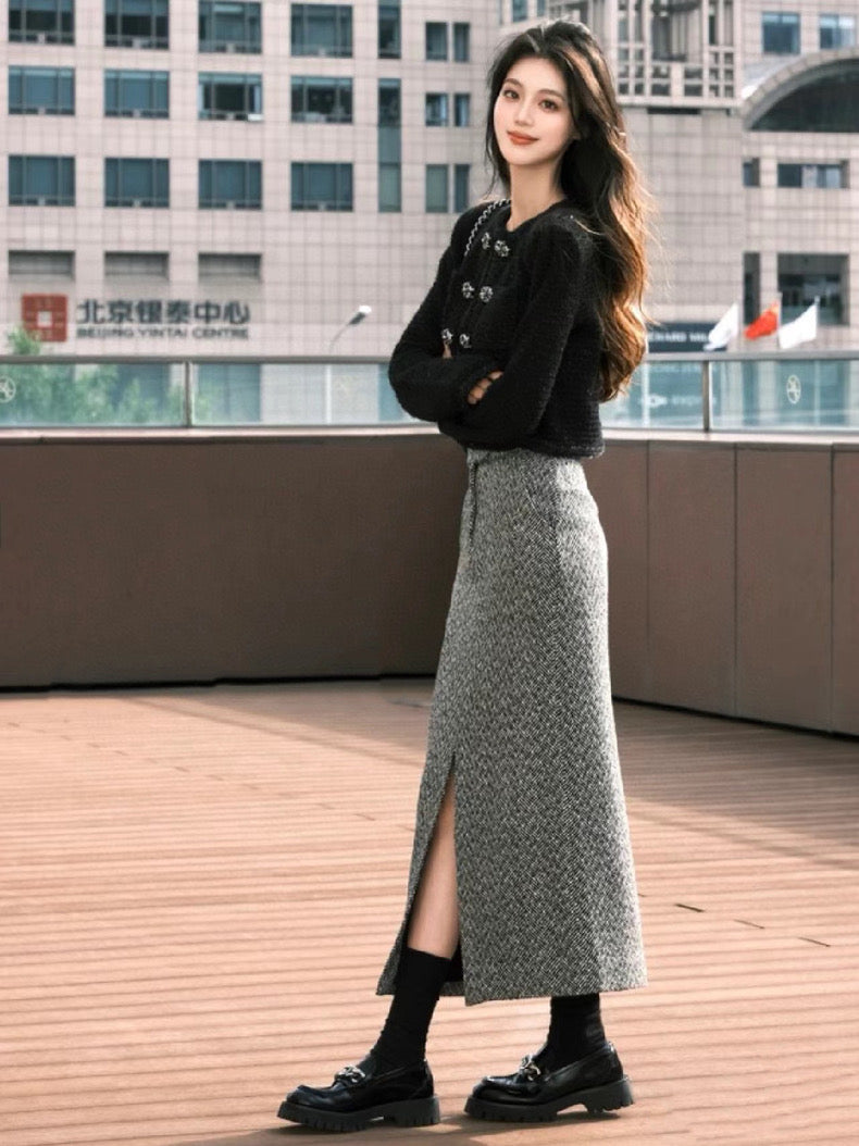 SP Black Herringbone Midi Skirt