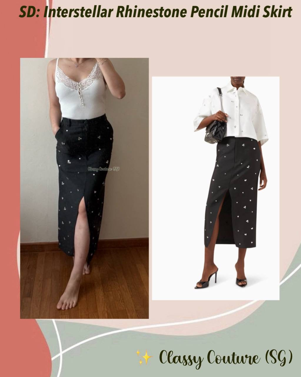 SD Interstellar Rhinestone Pencil Midi Skirt in Black