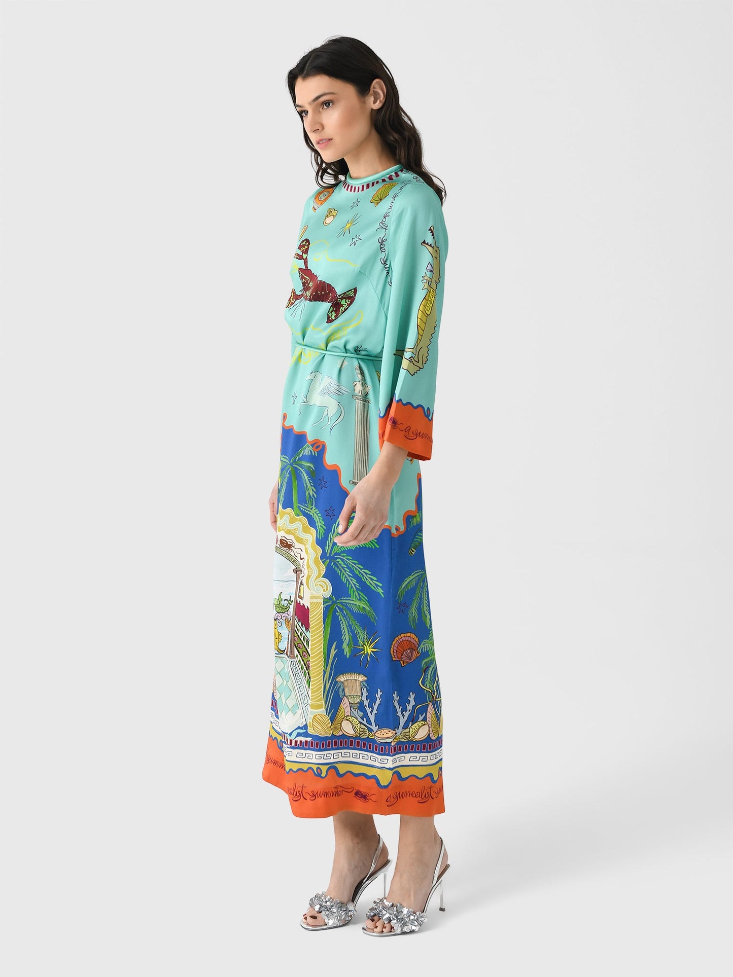 ALM Surrealist Summer Silk Satin Midi Maxi Dress