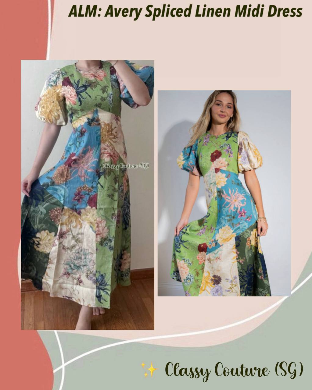 ALM Avery Puff Sleeve Linen Spliced Midi Dress