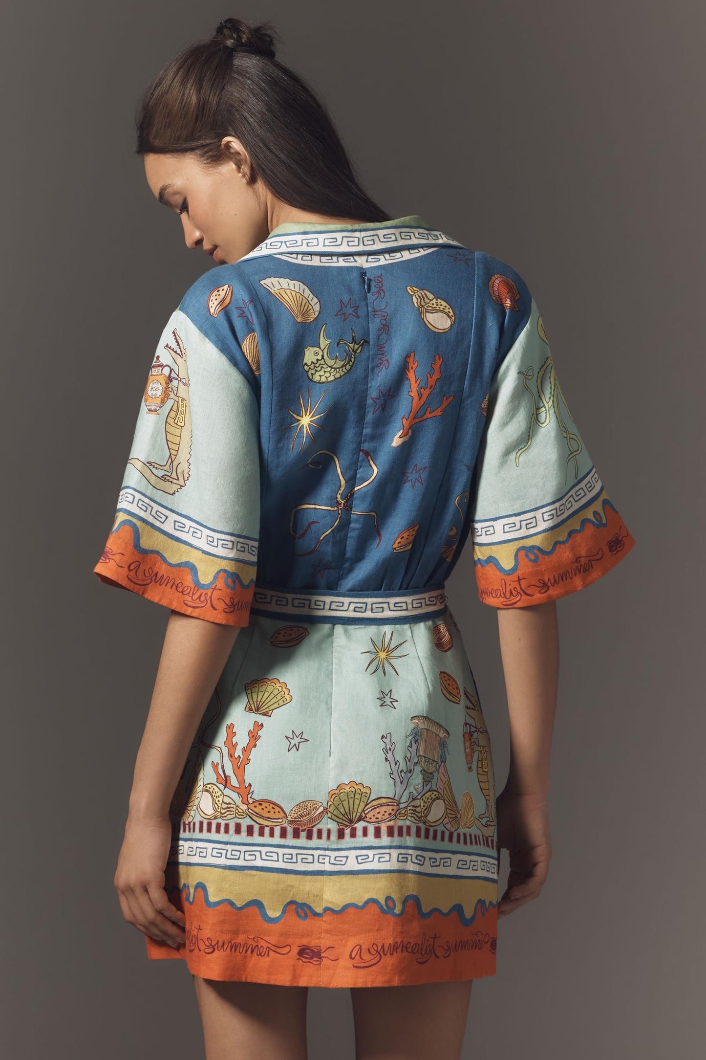 ALM Surrealist Summer V-neck Linen Mini Dress