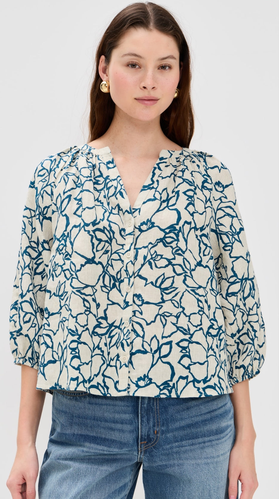 AA Mite 3/4 Sleeve Linen Blouse Top in Lace Floral Flax