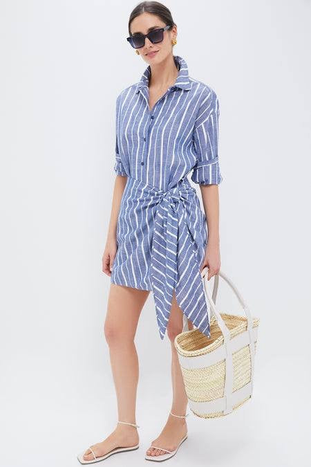 AA Alessandra Striped Chambray Sarong Cotton Mini Dress Shirtdress