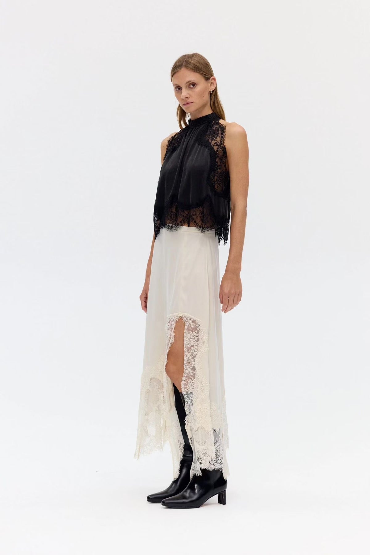 TF Visions Lace Crop Top | Handkerchief Midi Skirt | Cupro-rayon Satin Set