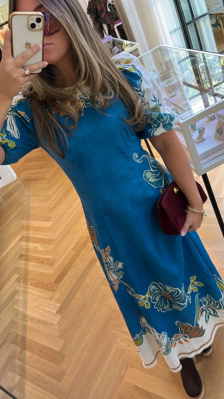ALM Luda Floral Puff Sleeve Linen Midi Dress