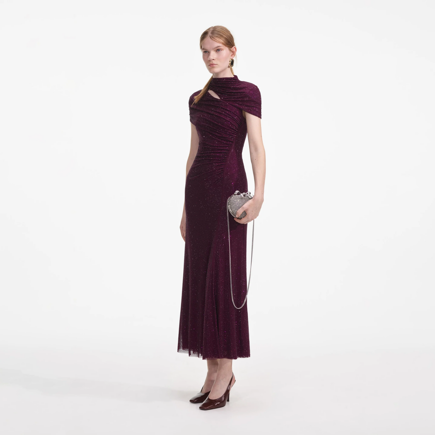 SP Burgundy | Slate Rhinestone Mesh Cut Out Midi Dress