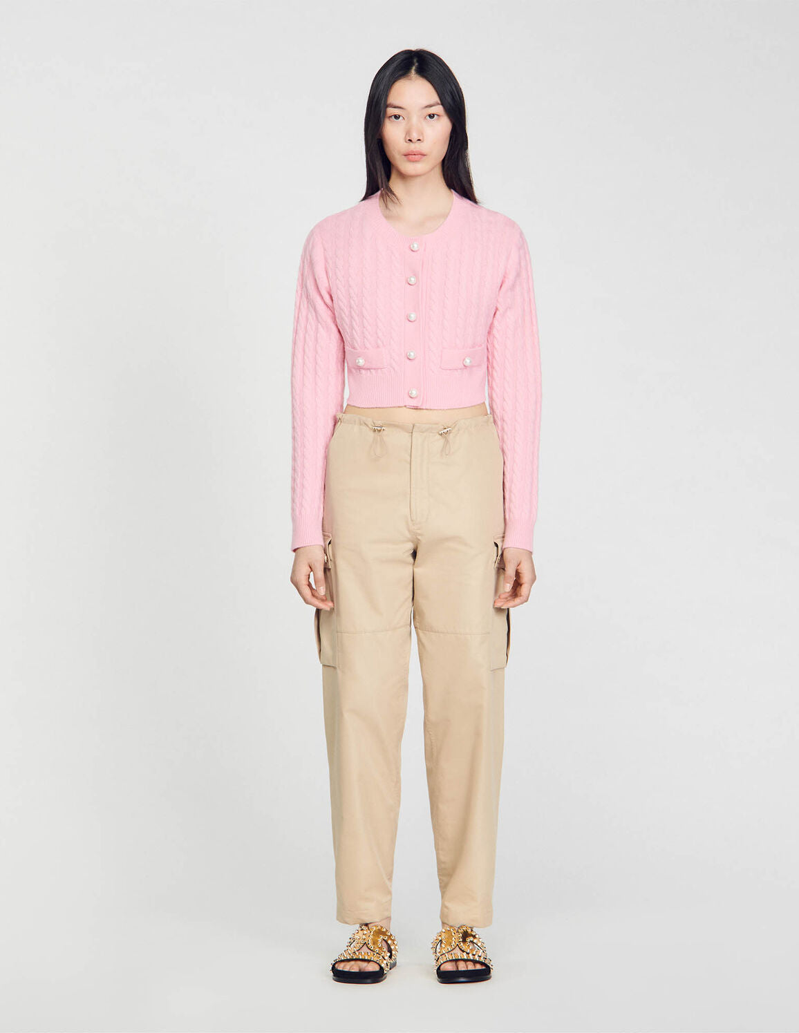 SD Elina Cable Knit Coatigan with faux pearl wool-cashmere cropped cardigan