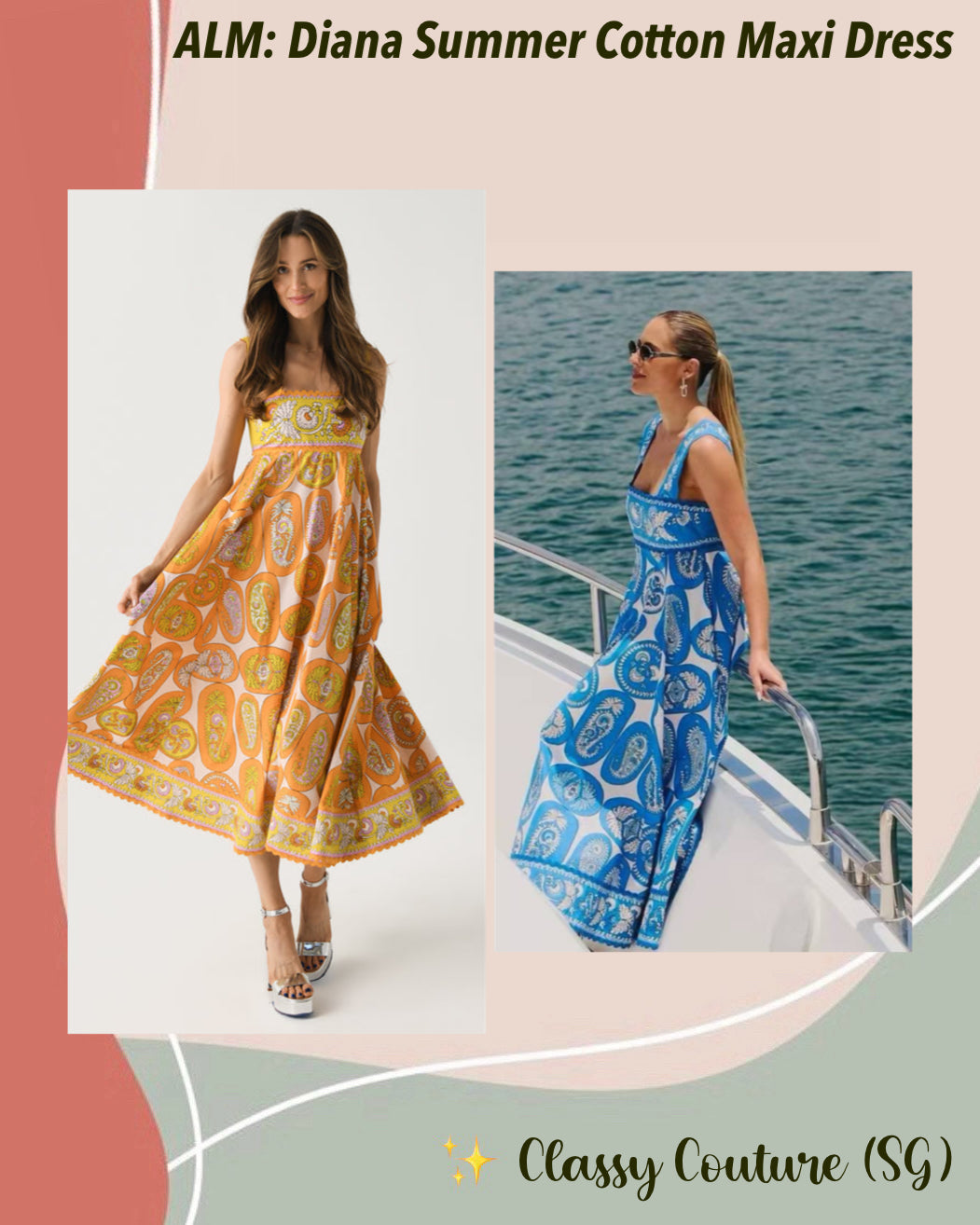 ALM Diana Summer Cotton Maxi Dress in Blue/White & Orange/Yellow