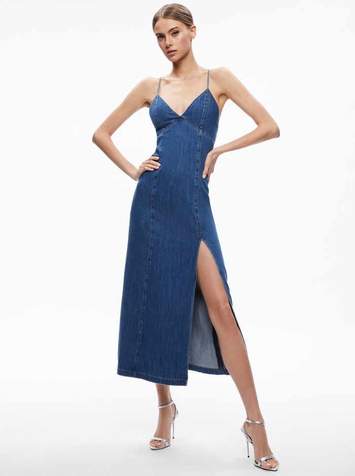 FEW! AO Julietta Denim Slip Midi Dress With Slit In Avery Blue