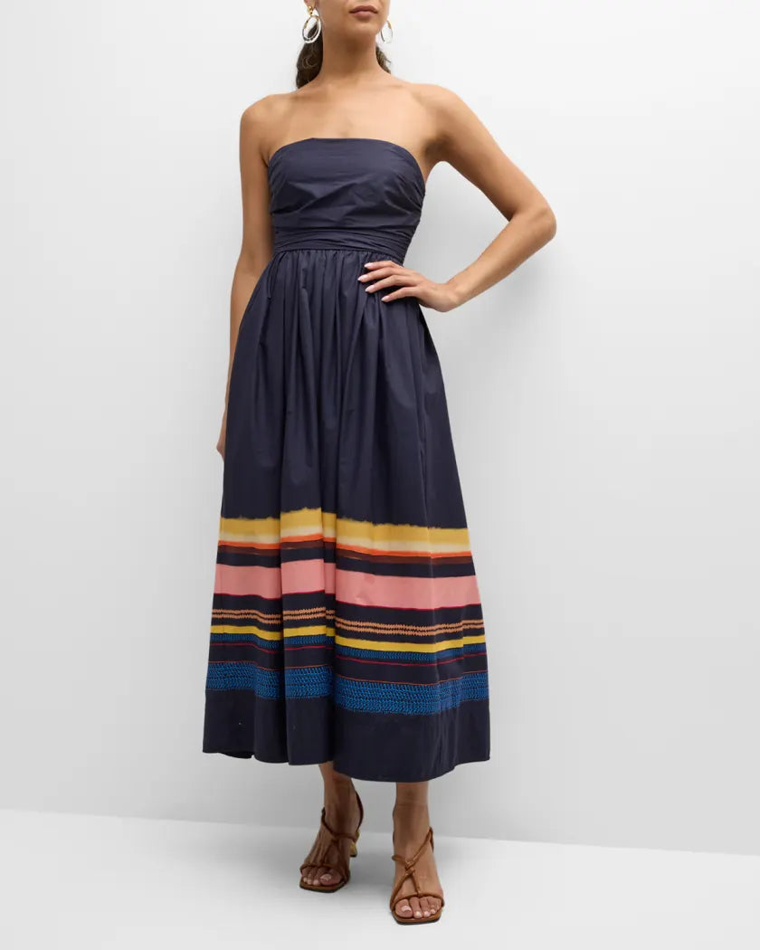 ALC Tate Strapless Stripe Cotton Midi Dress in Navy Blue