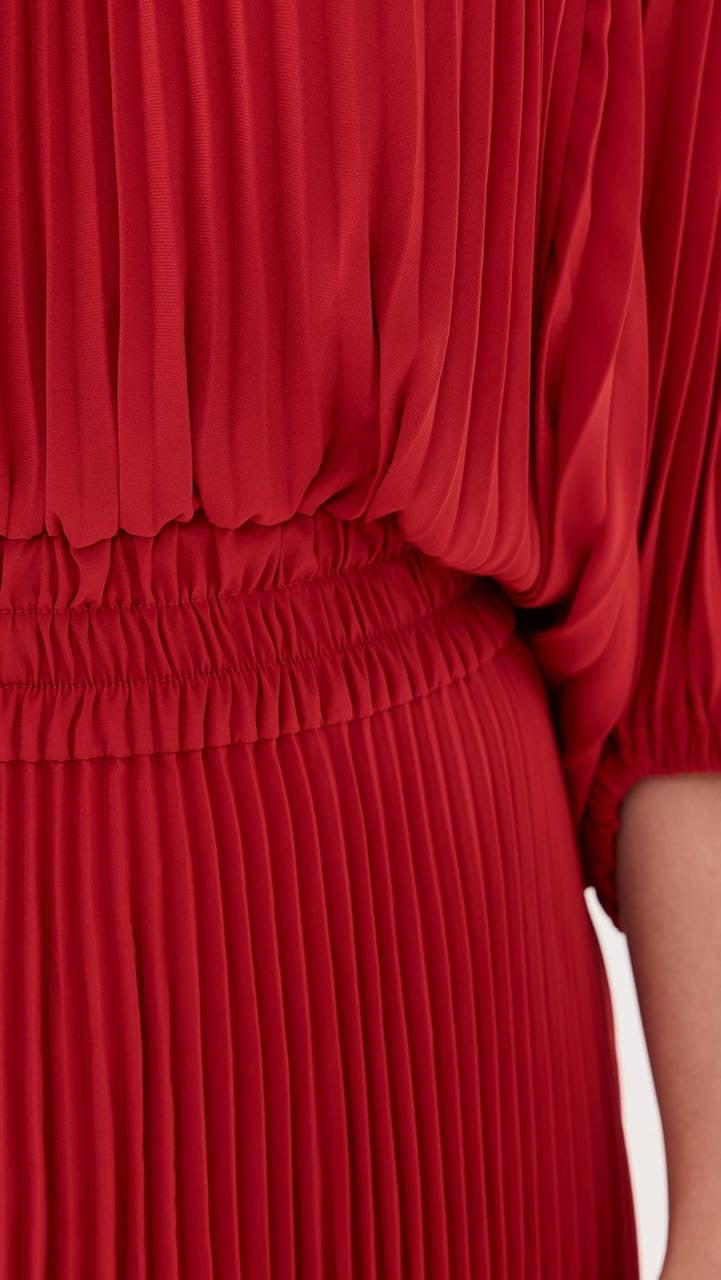 ALC Sienna Satin Pleated Off-Shoulder Midi Dress