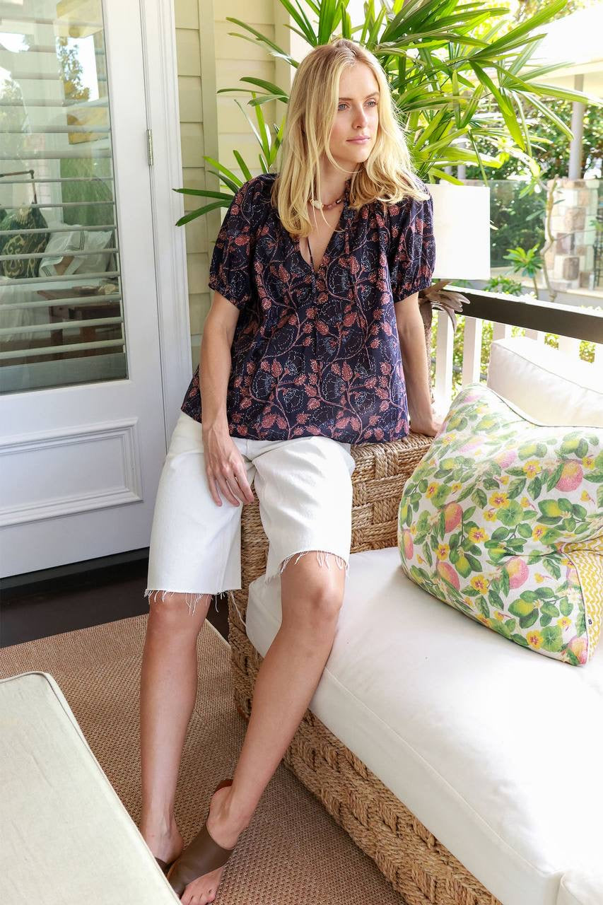 AA Lumina Popover | Trinidad Cotton Blouse Top in Camille Floral Navy