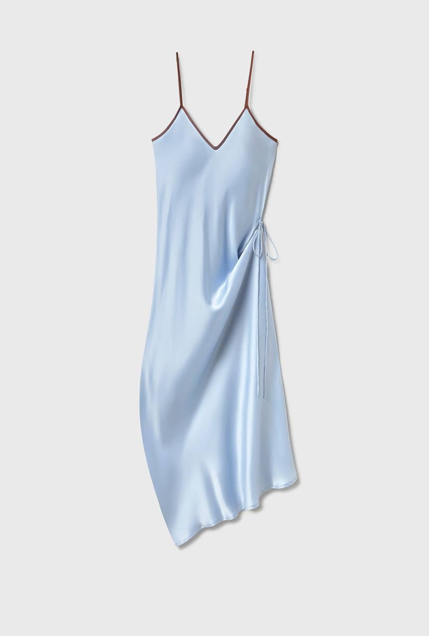 SL 90S Adjustable Silk Slip Midi Dress in Cornflower Blue /Red Contrast