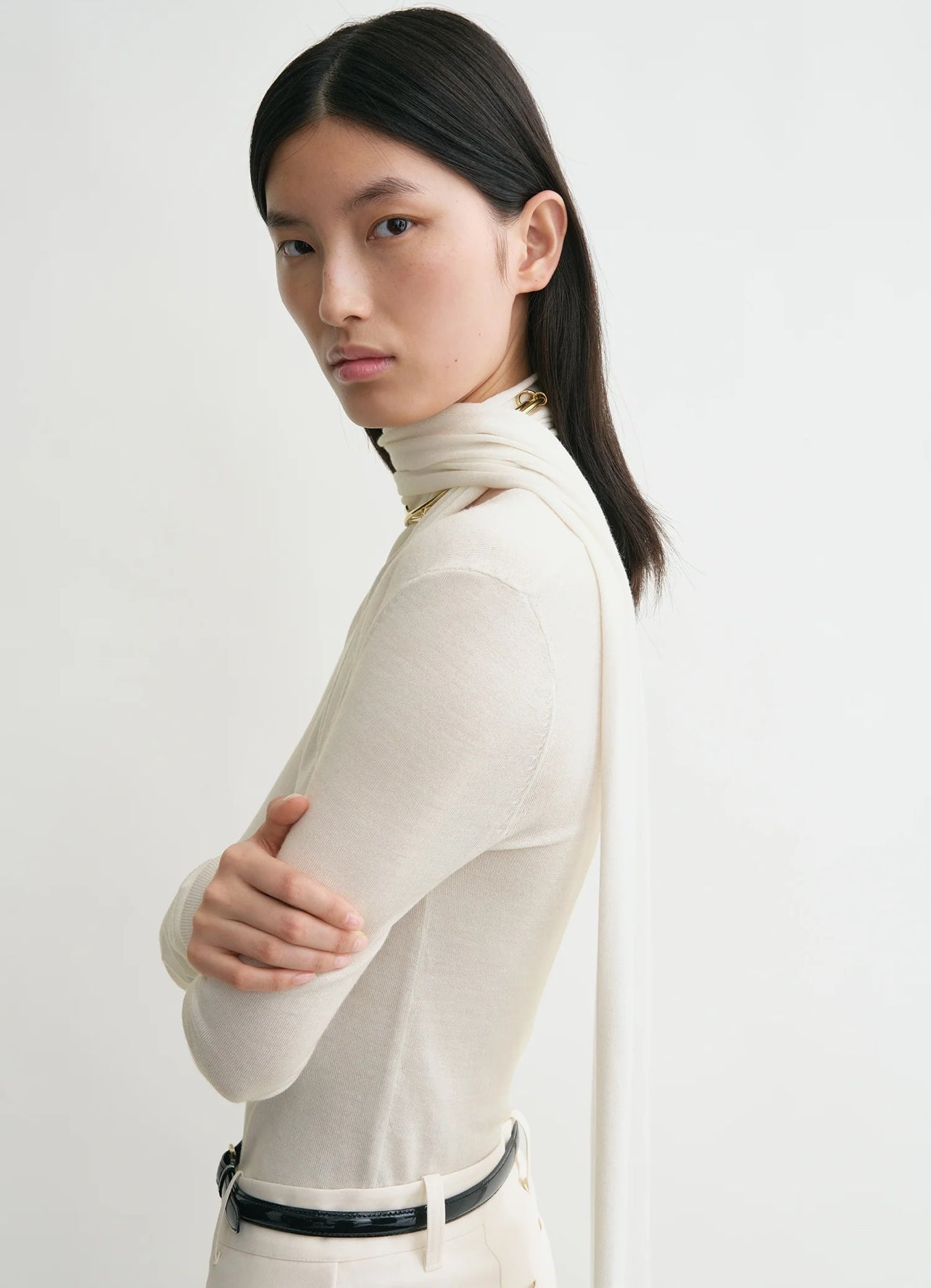 Tot Draped Scarf Fine Knit Top | Midi Skirt | Wool-Silk Set