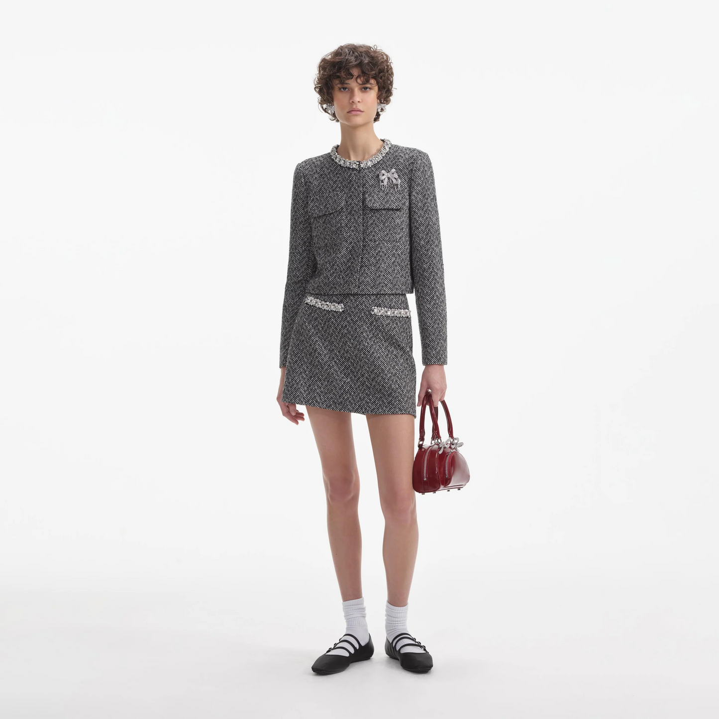 SP Black Herringbone Embellished Jacket | Mini Skirt | Set