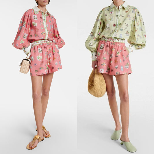 ALM Printed Linen Sea Life Shirt | Shorts | Green & Coral Pink Set