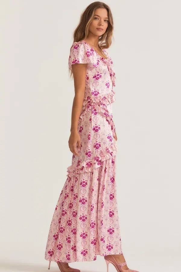LSF Kenya Short Sleeve Ruffle Satin Maxi Dress
