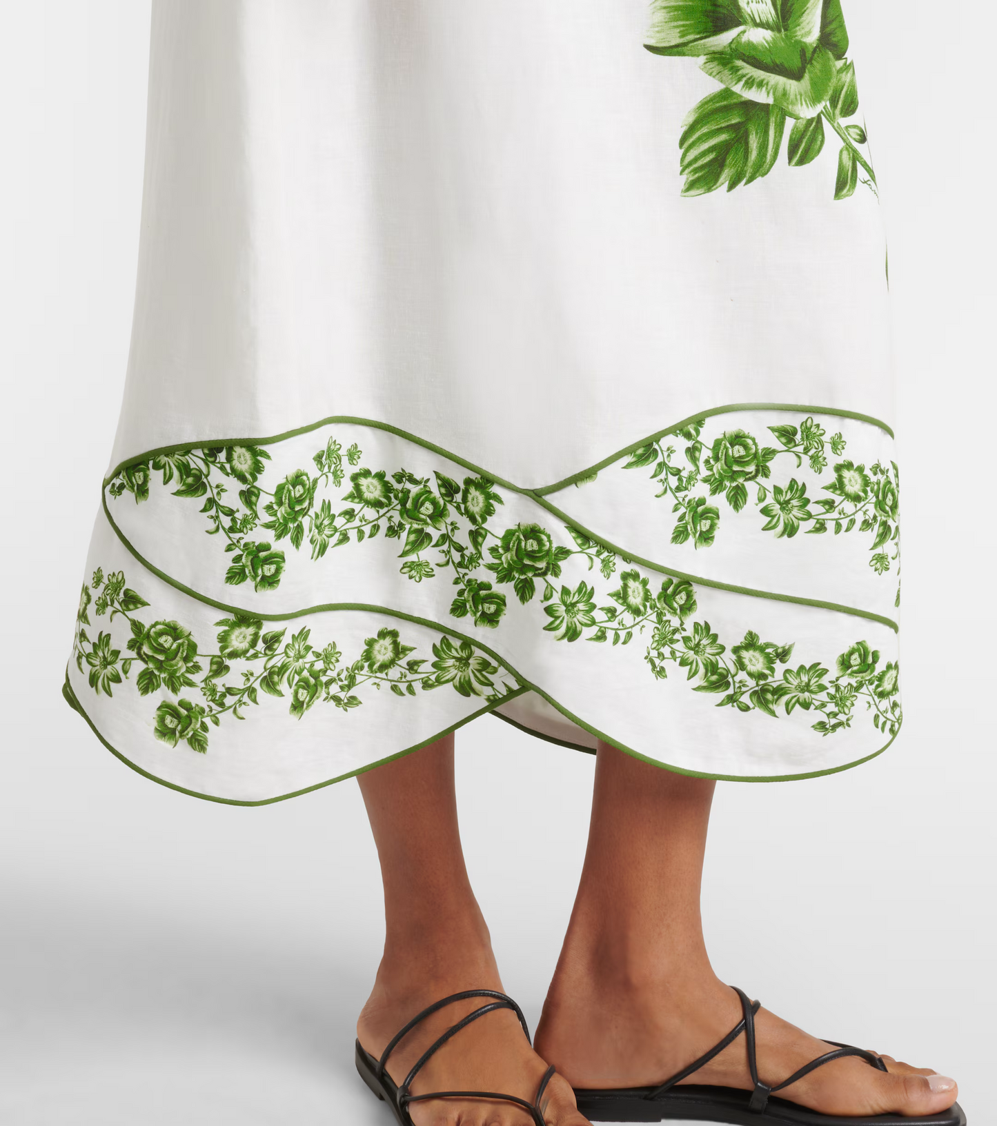 FR Green Floral Cascade Blue Yard Linen-Viscose Midi Dress