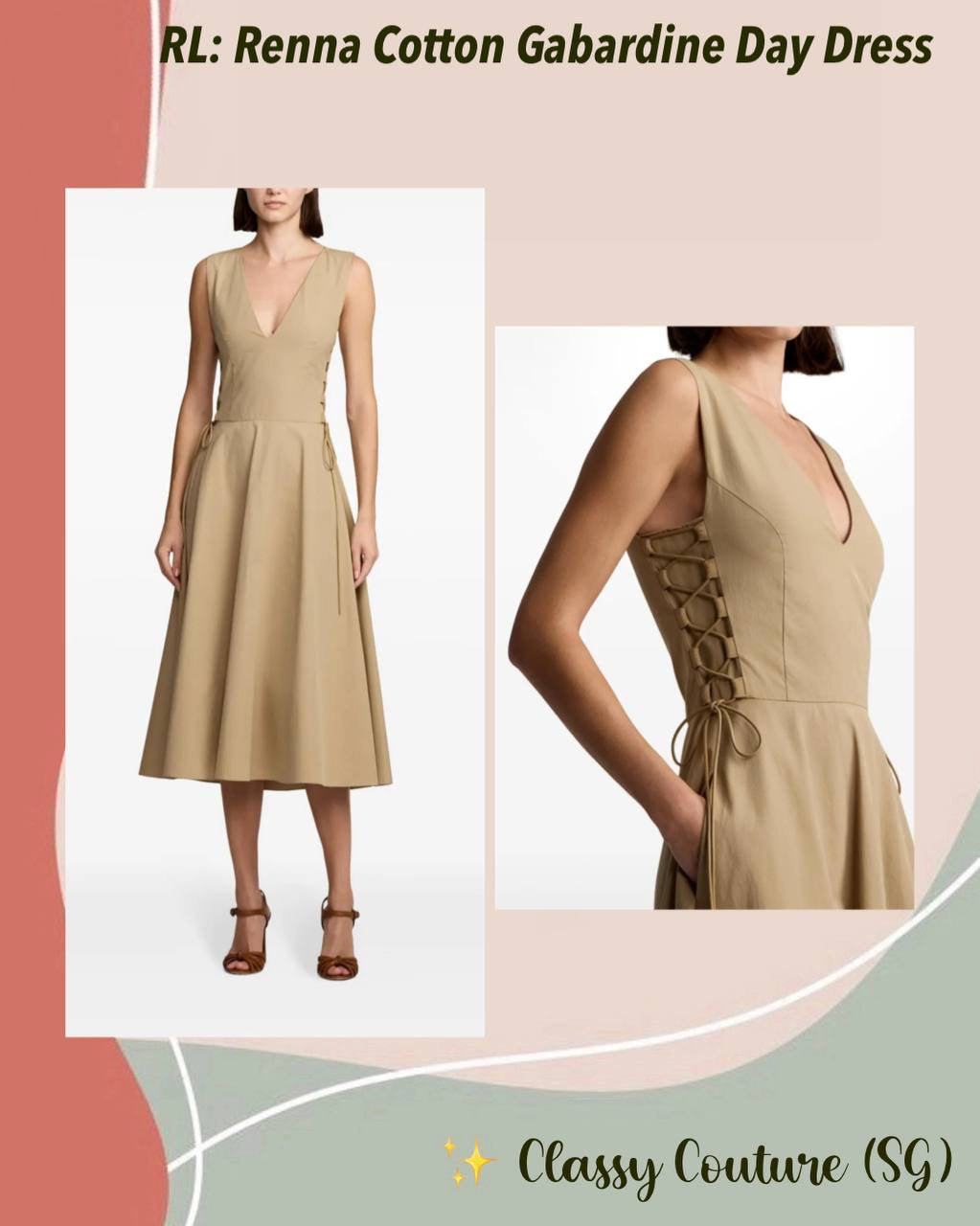 RL Renna Cotton Gabardine Lace Bodice Day Midi Dress