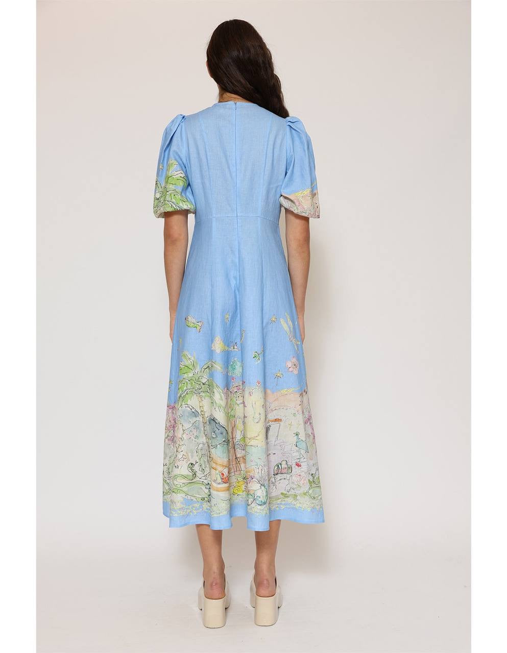 ALM Anouk Puff Sleeve Linen Midi Dress