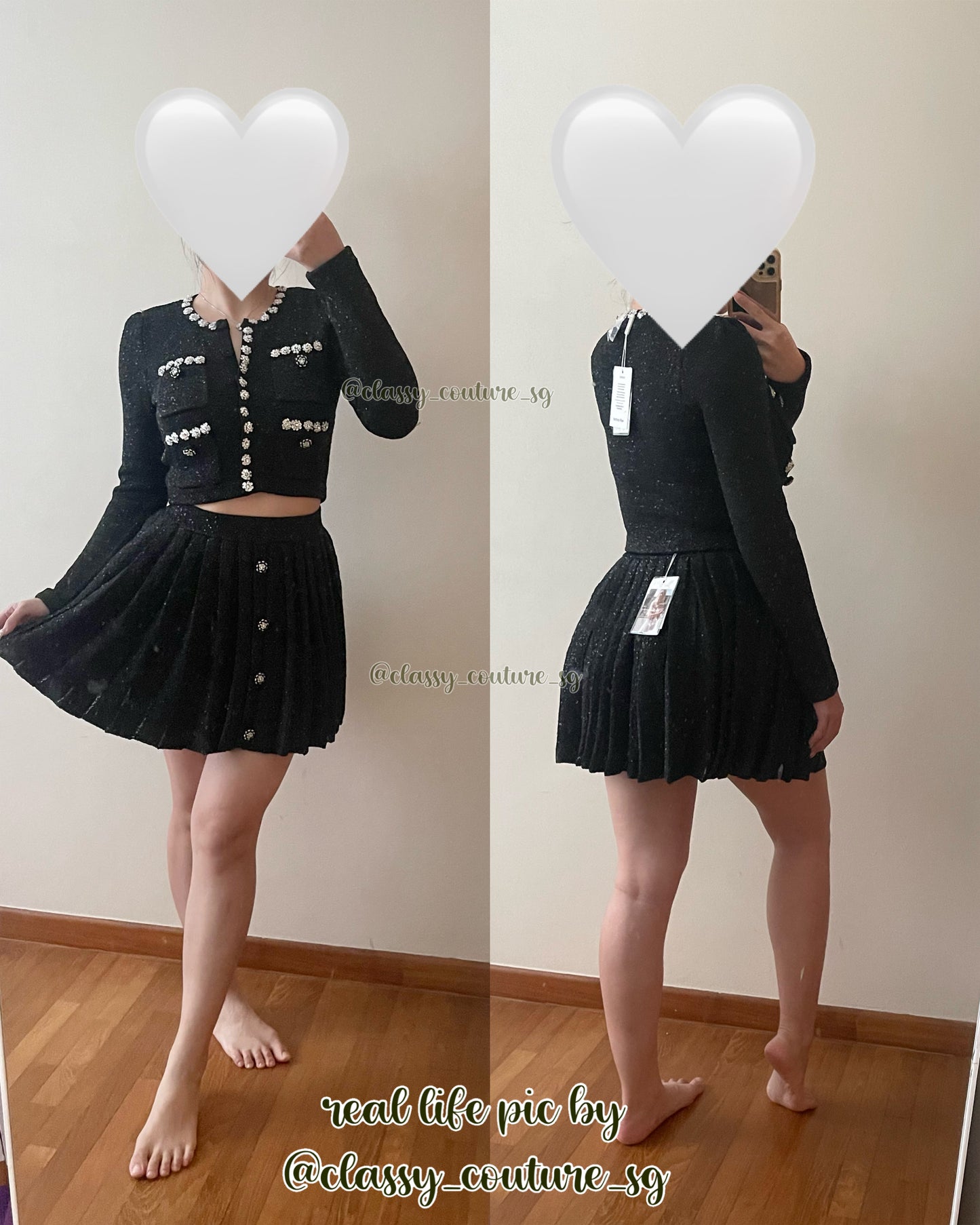 SP Black Sequin Knit Cardigan | Pleated Knit Skirt | cropped mini Set
