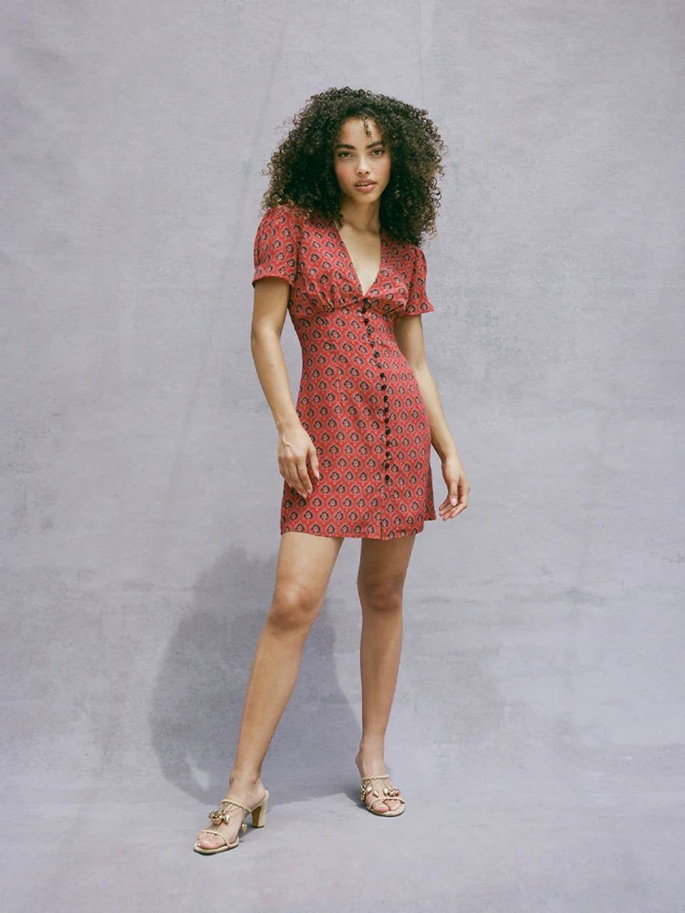 RP Cecile Silk V-neck Mini Dress in Lucky Fortune Red