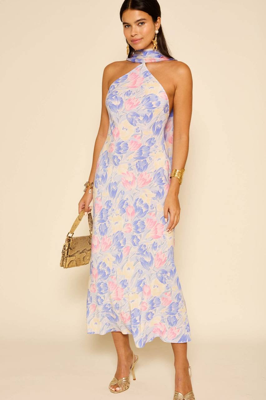 RX Hayley Detachable-Scarf Silk Midi Dress