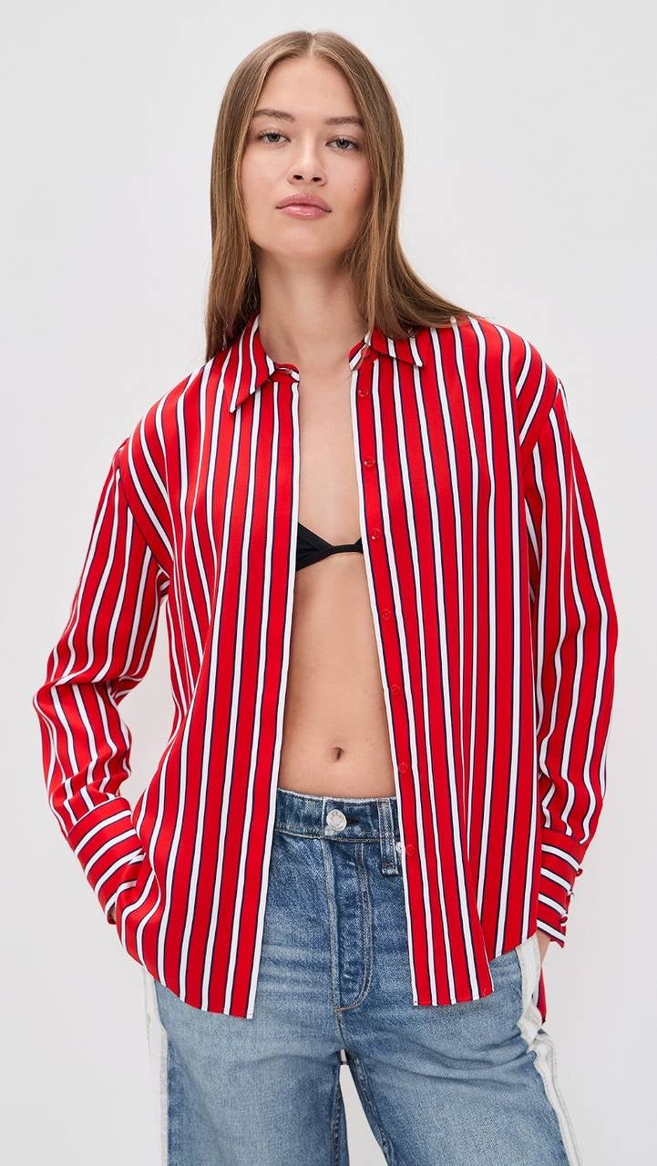 Red/White/Black Stripe Dimitra Oversized Button Down Lyocell Shirt